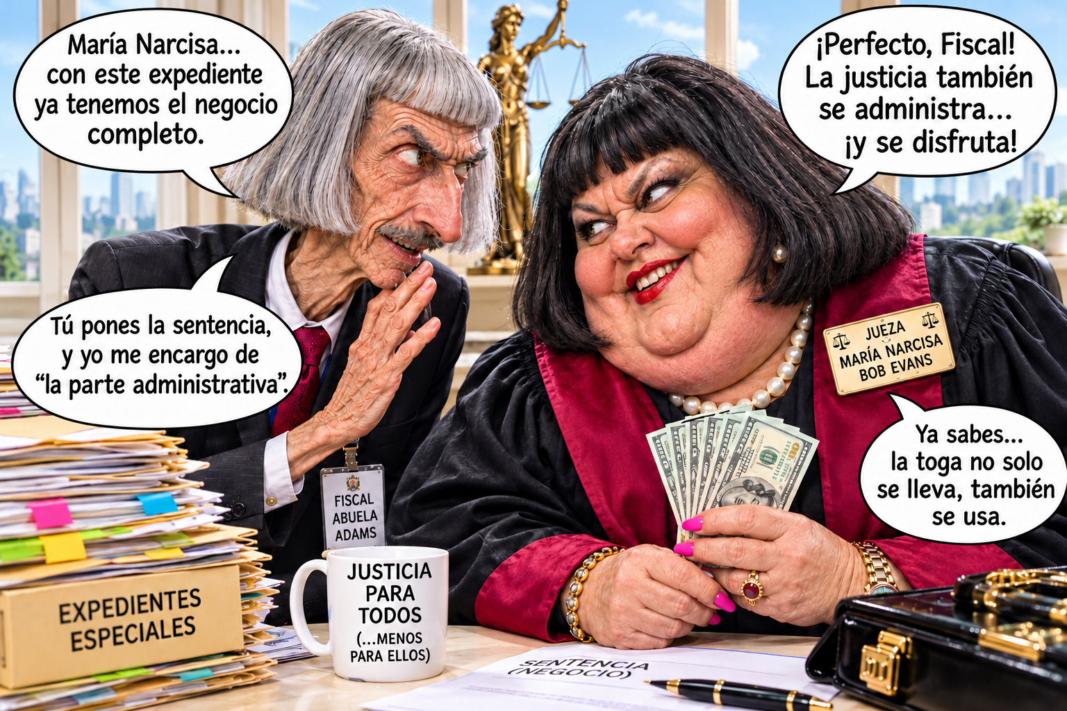 La fiscal Abuela Adams y la jueza María Narcisa Bob Evans: entre la justicia perversa y la justicia justa. Ok ok 